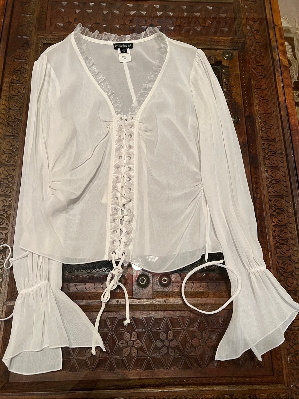 Bebe Semi-sheer Bell Sleeve Blouse top women’s M Boho